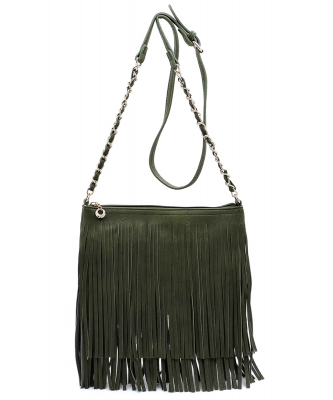 Faux Leather Fringe Hand Bag E031 HUNTER GREEN